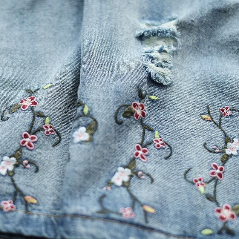 Efterår Tynd Loose Flower Brodery Retro Denim Nederdel