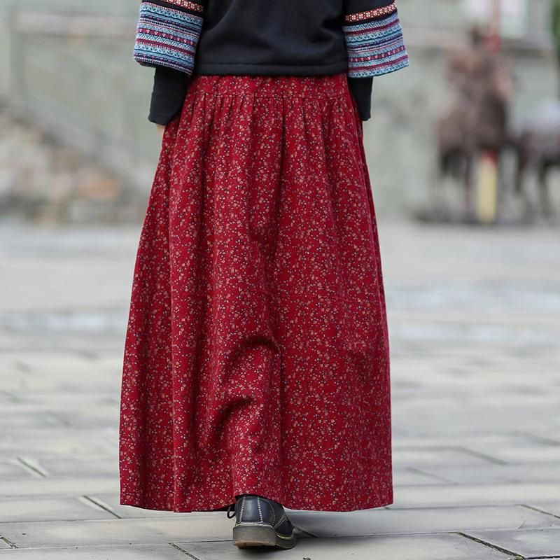 Efterår Vinter Retro Bomuld Linned Blomster A-line Nederdel