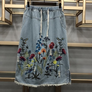 Efterår Vinter Vintage Broderi Denim Nederdel Til Kvinder