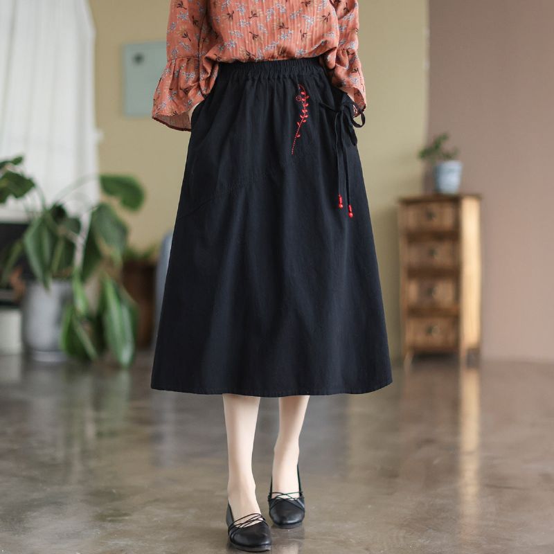 Forår Sommer Retro Bomuld Linned Broderi A-line Nederdel