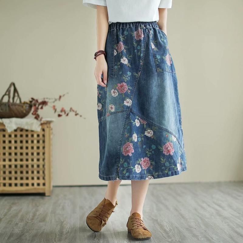 Retro Blomster Løs Casual Patchwork Denimnederdel