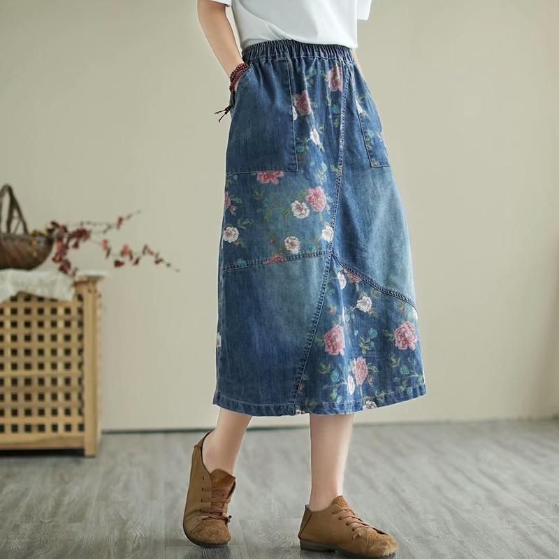 Retro Blomster Løs Casual Patchwork Denimnederdel