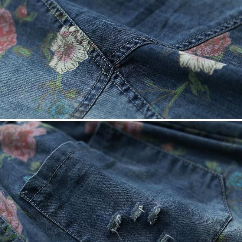 Retro Blomster Løs Casual Patchwork Denimnederdel