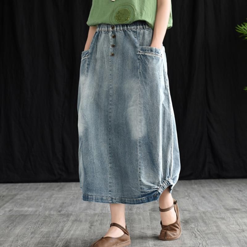 Retro Denim Elastisk Talje A-line Nederdel