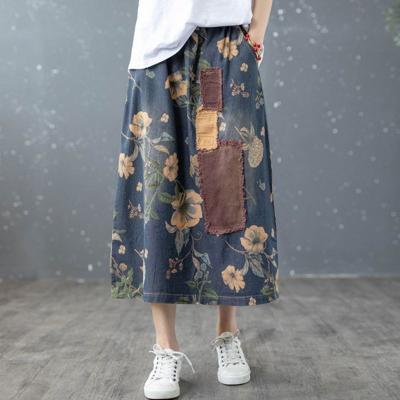 Retro Floral Patchwork A-lin Bomuld Denim Nederdel