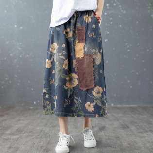 Retro Floral Patchwork A-lin Bomuld Denim Nederdel