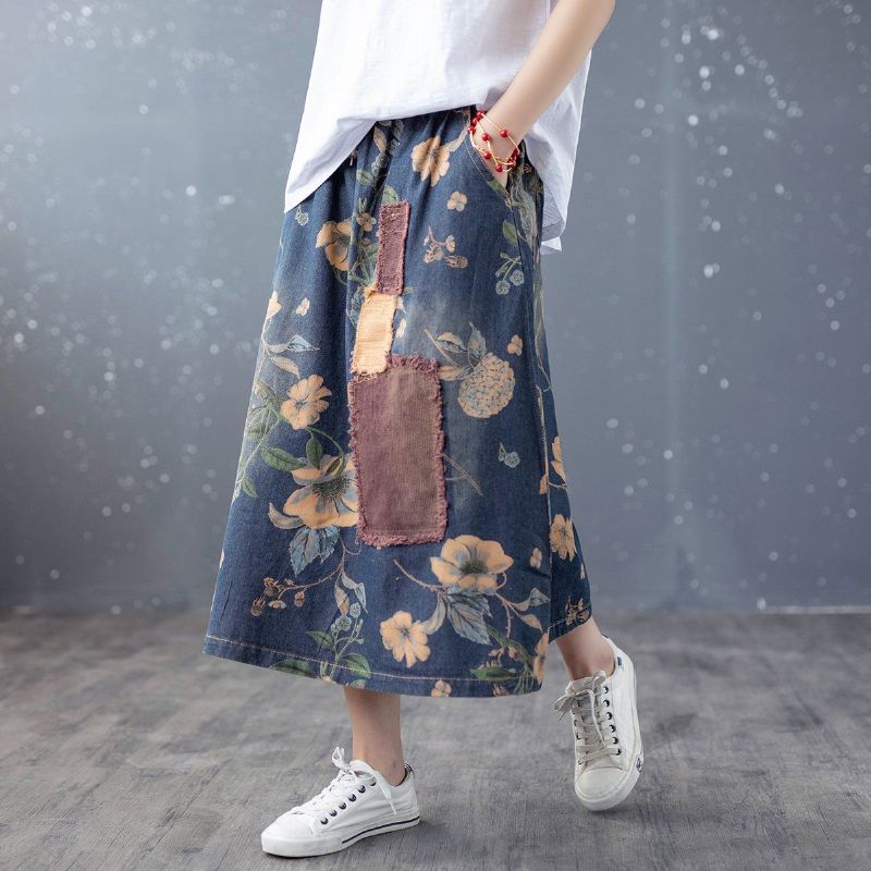 Retro Floral Patchwork A-lin Bomuld Denim Nederdel