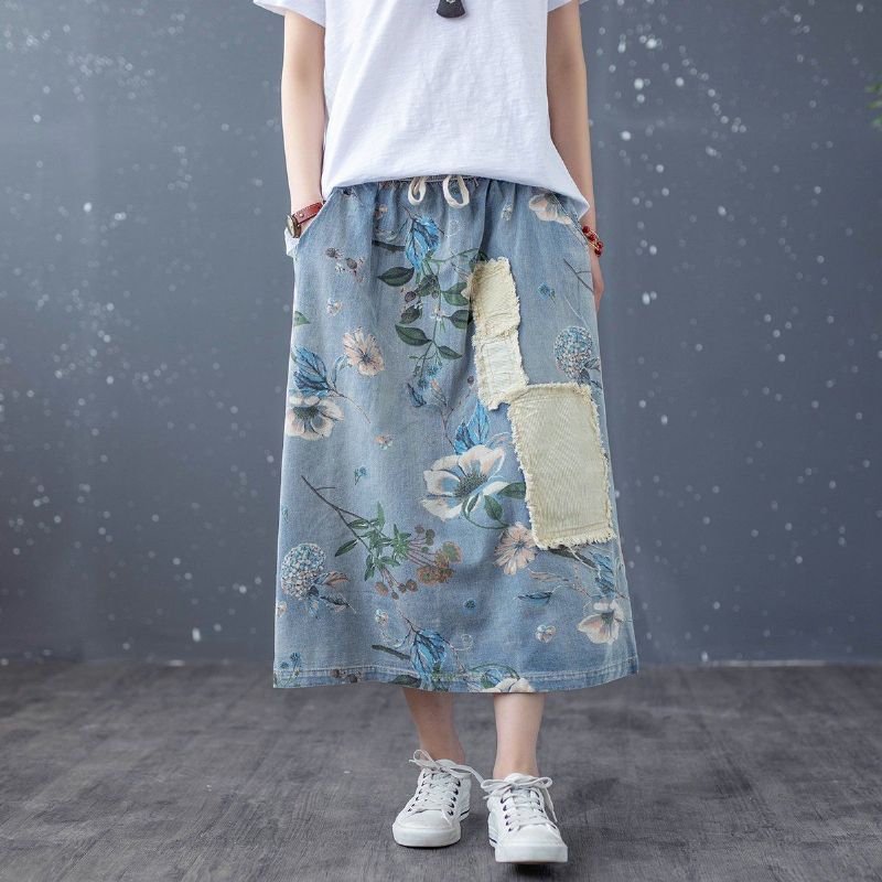 Retro Floral Patchwork A-lin Bomuld Denim Nederdel