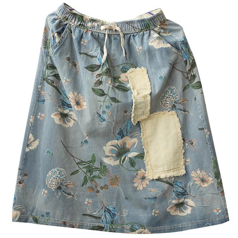 Retro Floral Patchwork A-lin Bomuld Denim Nederdel