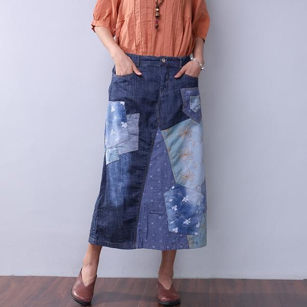 Sommer Damer Denim Applique Blå Nederdel