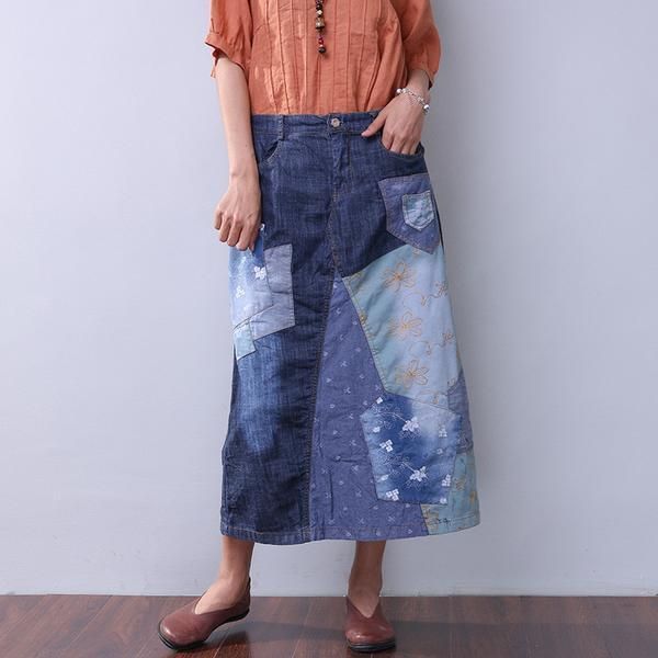 Sommer Damer Denim Applique Blå Nederdel