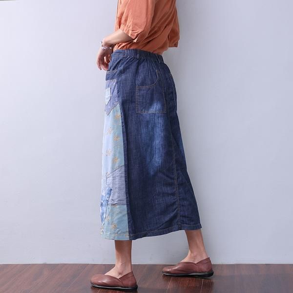 Sommer Damer Denim Applique Blå Nederdel