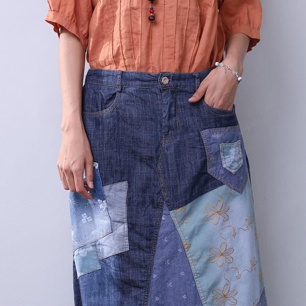 Sommer Damer Denim Applique Blå Nederdel