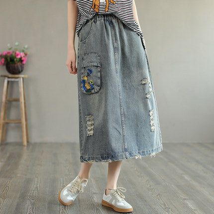 Sommer Retro Broderi Ripped Bomuld Denim Nederdel