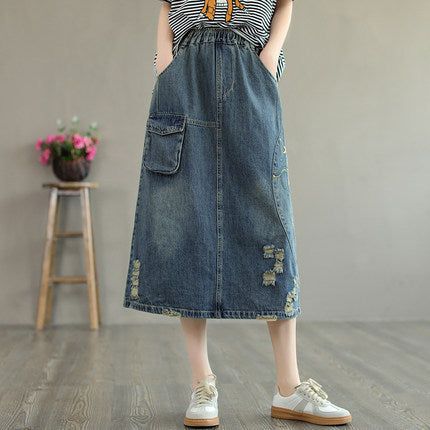 Sommer Retro Broderi Ripped Bomuld Denim Nederdel