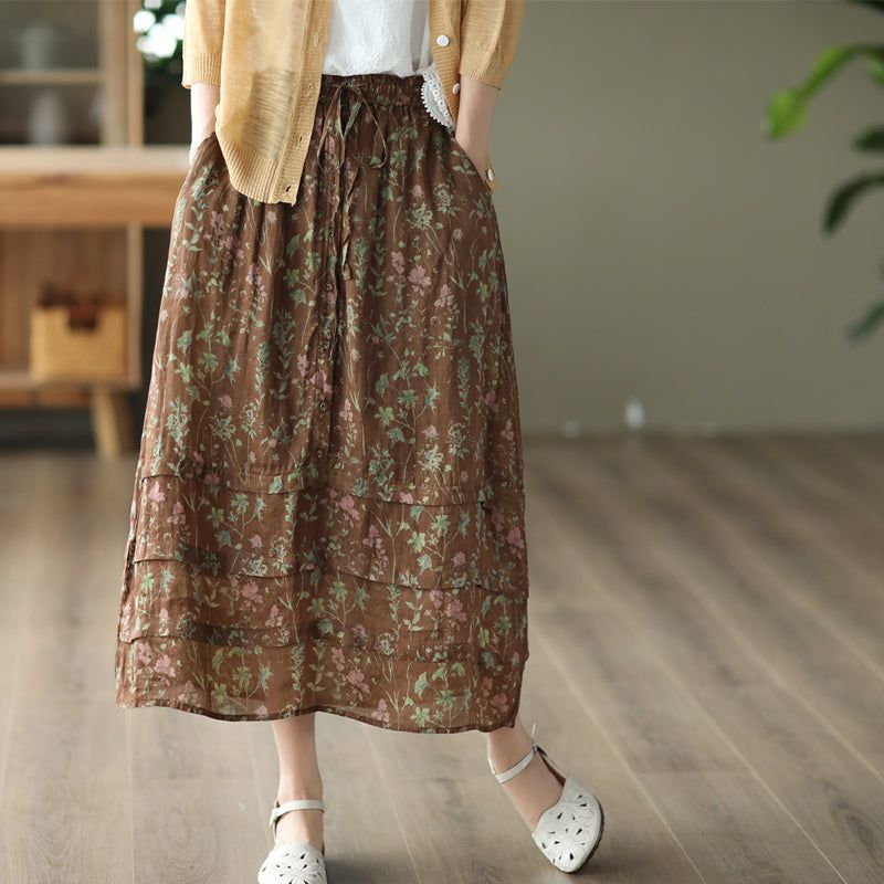 Sommer Retro Floral Dobbeltlags Bomuld Linned Nederdel