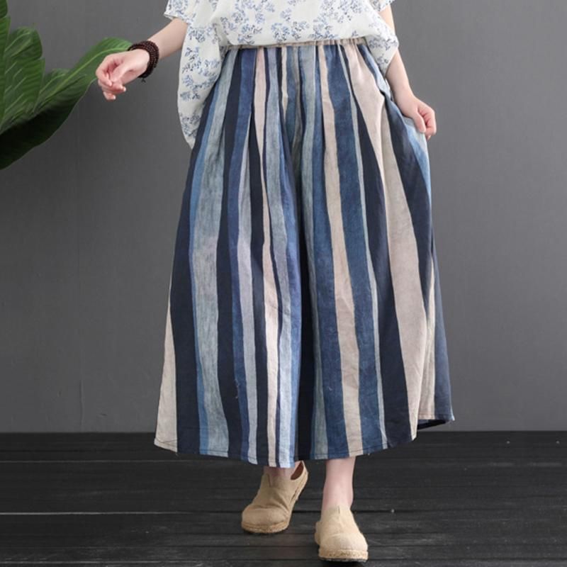 Sommer Retro Linen Farve Matchende Stripes Nederdel