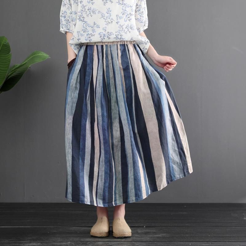 Sommer Retro Linen Farve Matchende Stripes Nederdel