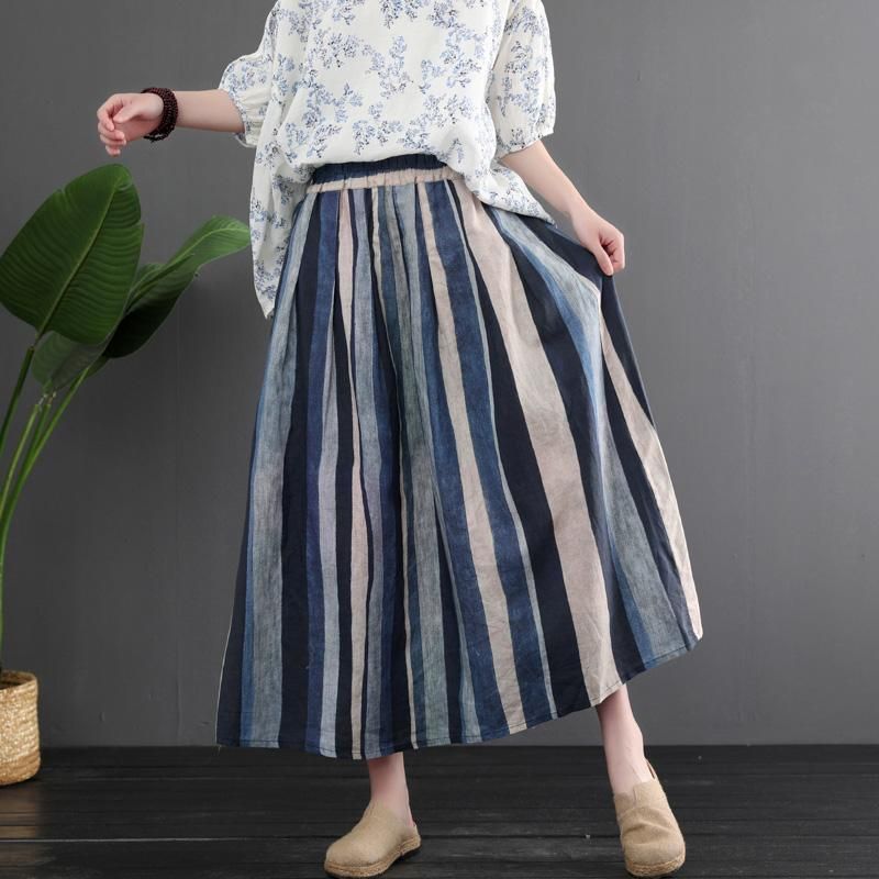 Sommer Retro Linen Farve Matchende Stripes Nederdel