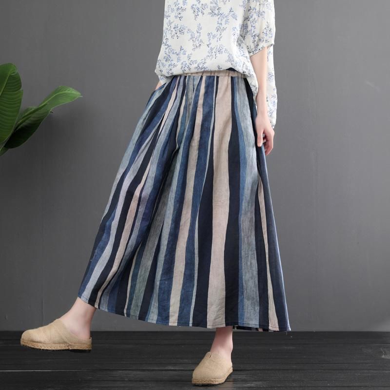 Sommer Retro Linen Farve Matchende Stripes Nederdel