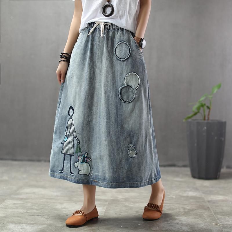 Sommer Tynd Tegnefilm Broderet Patch Swing Denim Nederdel