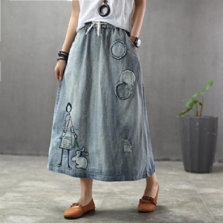 Sommer Tynd Tegnefilm Broderet Patch Swing Denim Nederdel