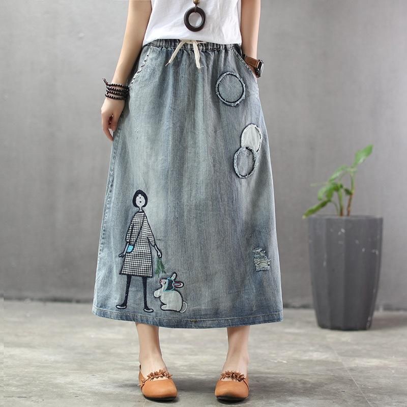 Sommer Tynd Tegnefilm Broderet Patch Swing Denim Nederdel