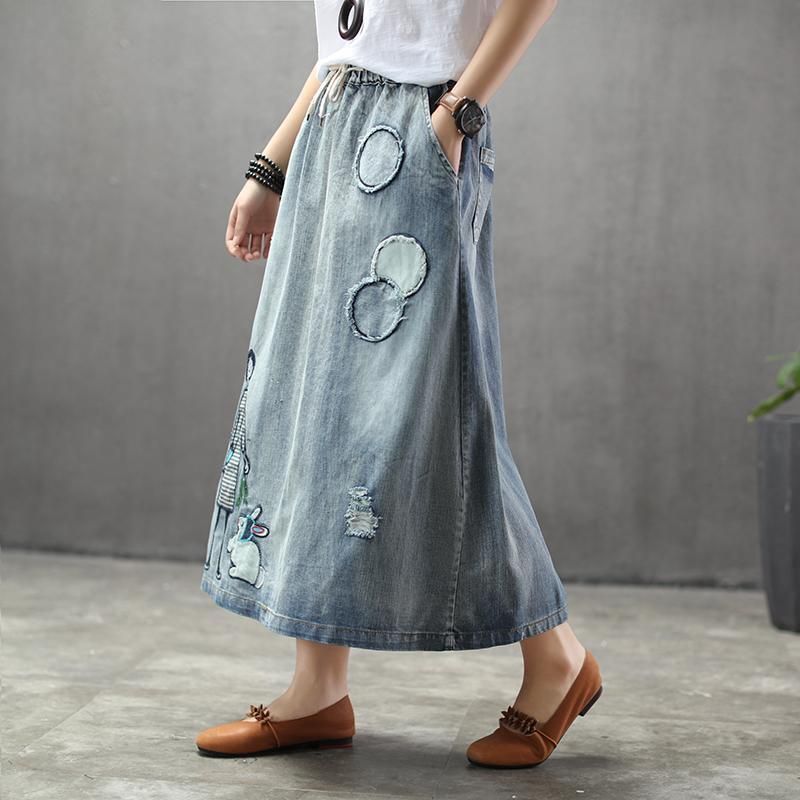 Sommer Tynd Tegnefilm Broderet Patch Swing Denim Nederdel