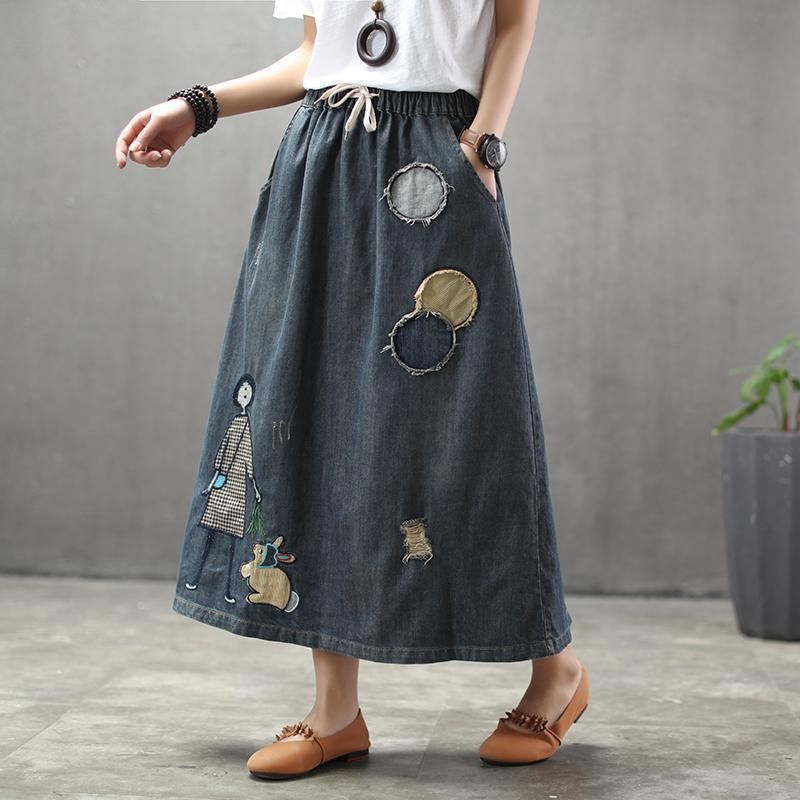 Sommer Tynd Tegnefilm Broderet Patch Swing Denim Nederdel