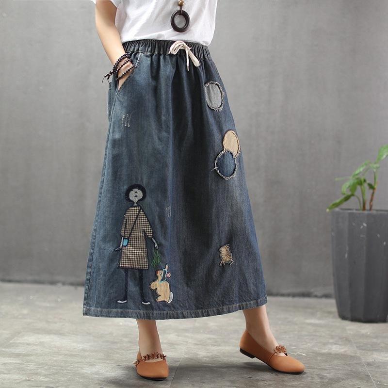 Sommer Tynd Tegnefilm Broderet Patch Swing Denim Nederdel