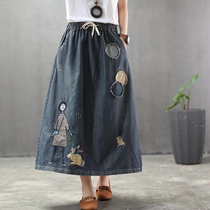 Sommer Tynd Tegnefilm Broderet Patch Swing Denim Nederdel