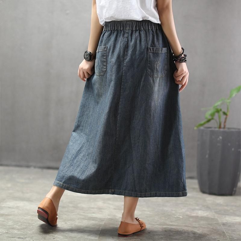 Sommer Tynd Tegnefilm Broderet Patch Swing Denim Nederdel