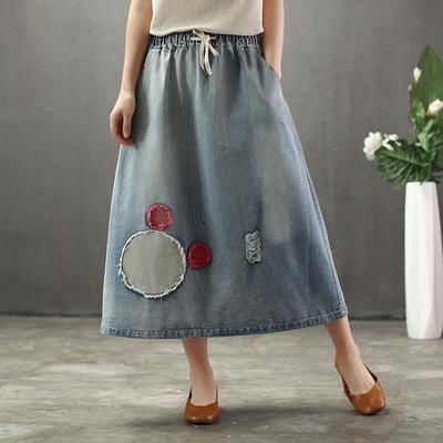 Sommer Tynd Tegnefilm Broderet Patch Swing Denim Nederdel