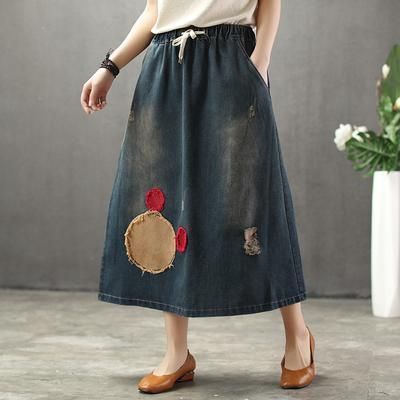 Sommer Tynd Tegnefilm Broderet Patch Swing Denim Nederdel