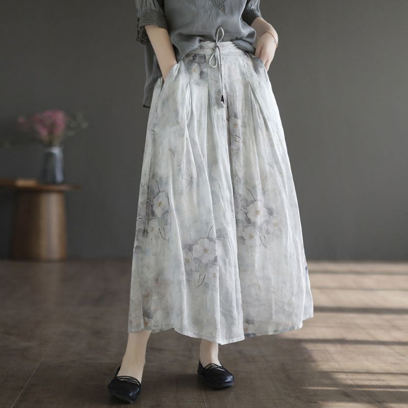 Summer Retro Linen Floral A-line Patchwork Nederdel