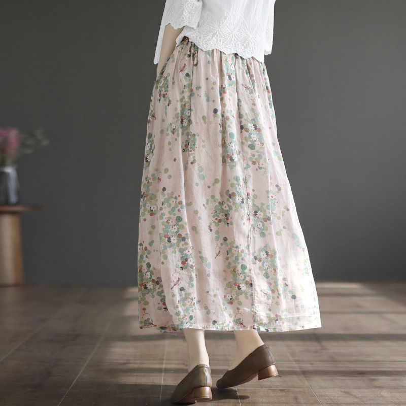 Summer Retro Linen Floral A-line Patchwork Nederdel