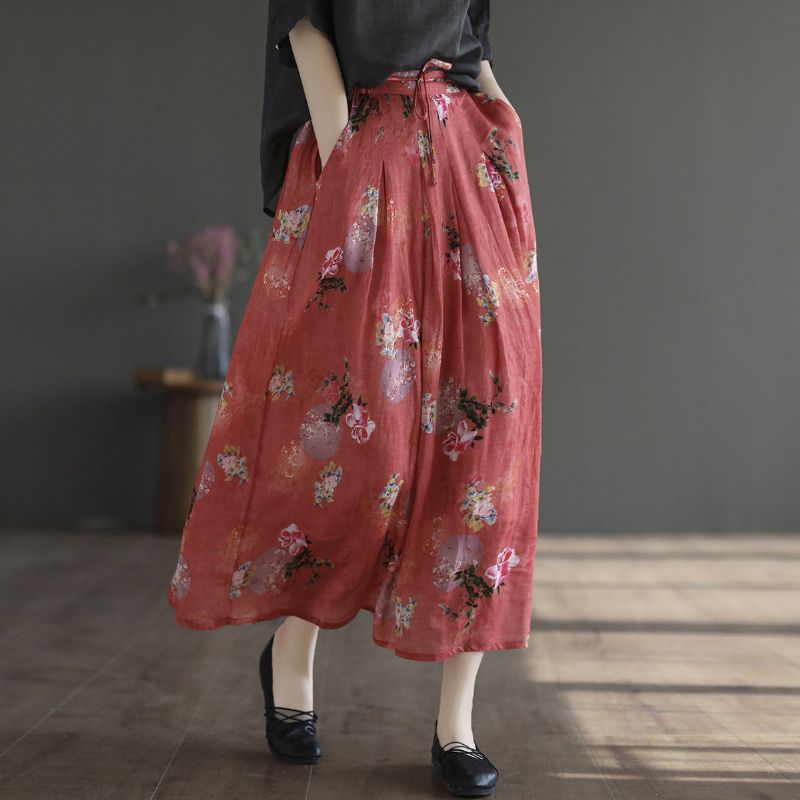 Summer Retro Linen Floral A-line Patchwork Nederdel