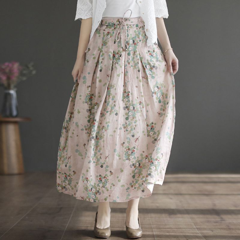 Summer Retro Linen Floral A-line Patchwork Nederdel