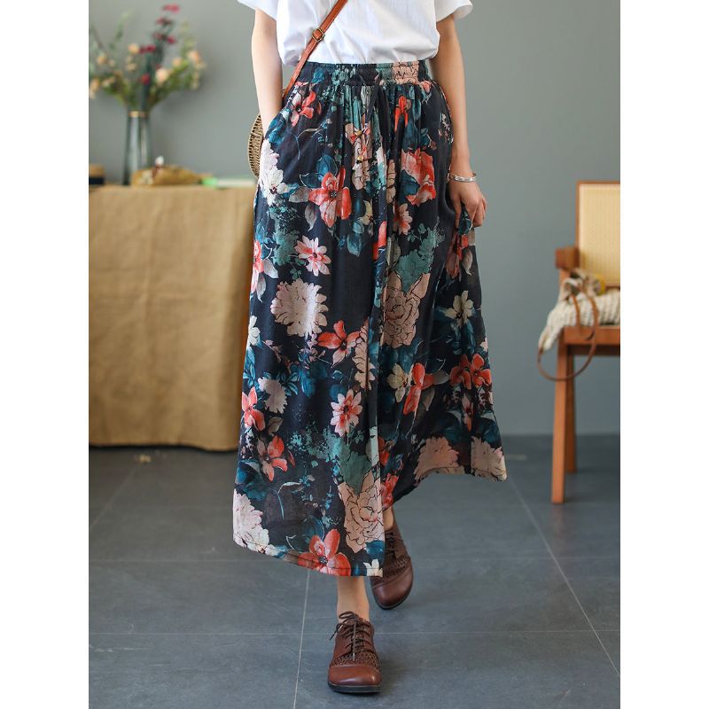 Summer Vintage Floral Loose Lyocell Nederdel