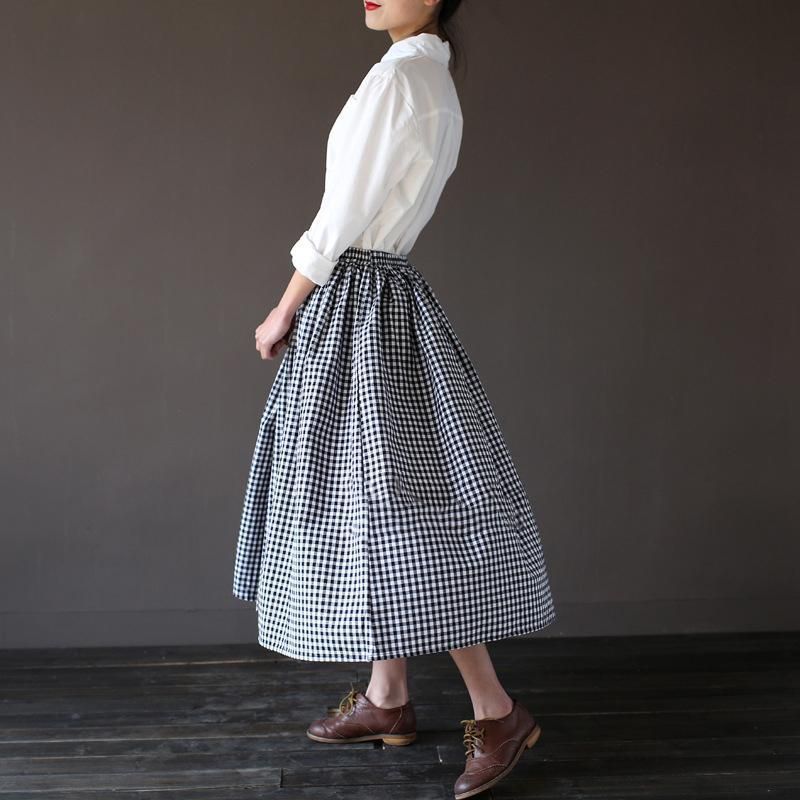 Vintage Bomuld Plaid Løs Dame Nederdel