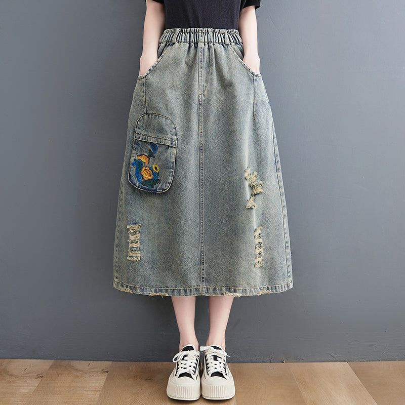 Vintage Ripped Loose A-line Summer Denim Nederdel