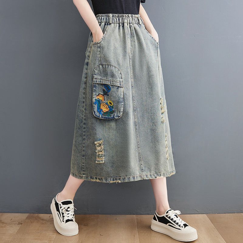 Vintage Ripped Loose A-line Summer Denim Nederdel