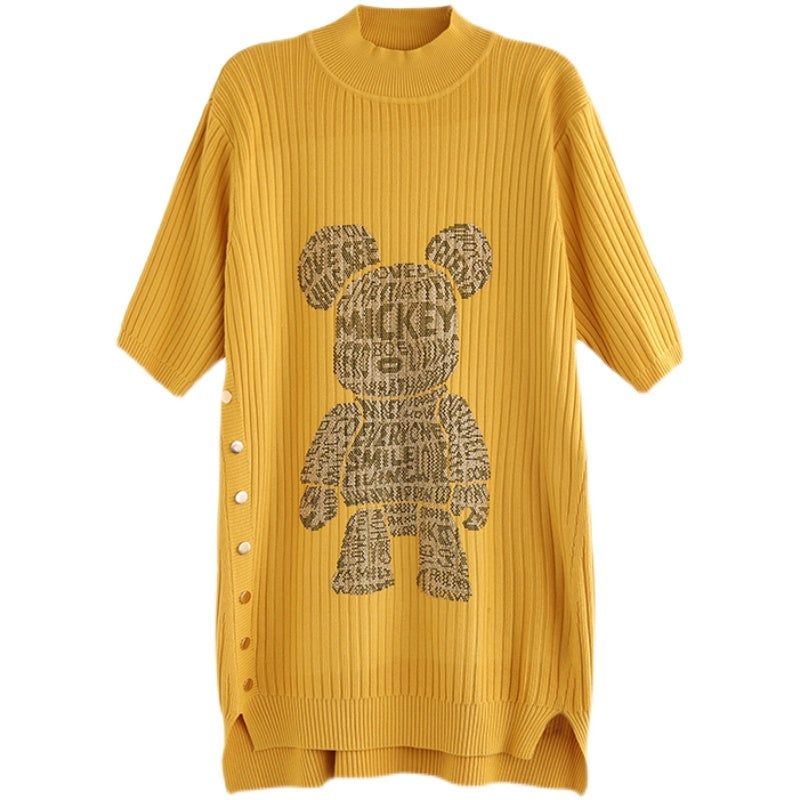 Dame Forår Bear Print Bomuld Strikket Elastisk Lang Sweater