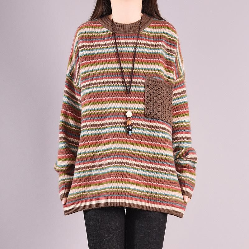 Efterår Vinter Casual Coloful Stripe Løs Strikket Sweater