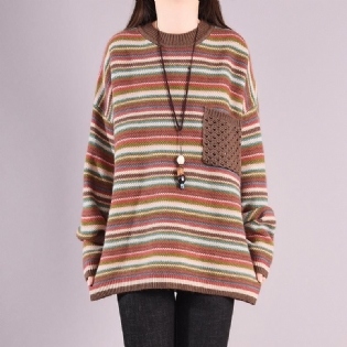 Efterår Vinter Casual Coloful Stripe Løs Strikket Sweater