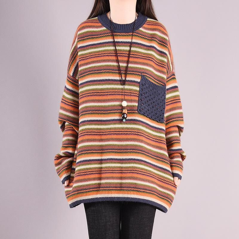 Efterår Vinter Casual Coloful Stripe Løs Strikket Sweater