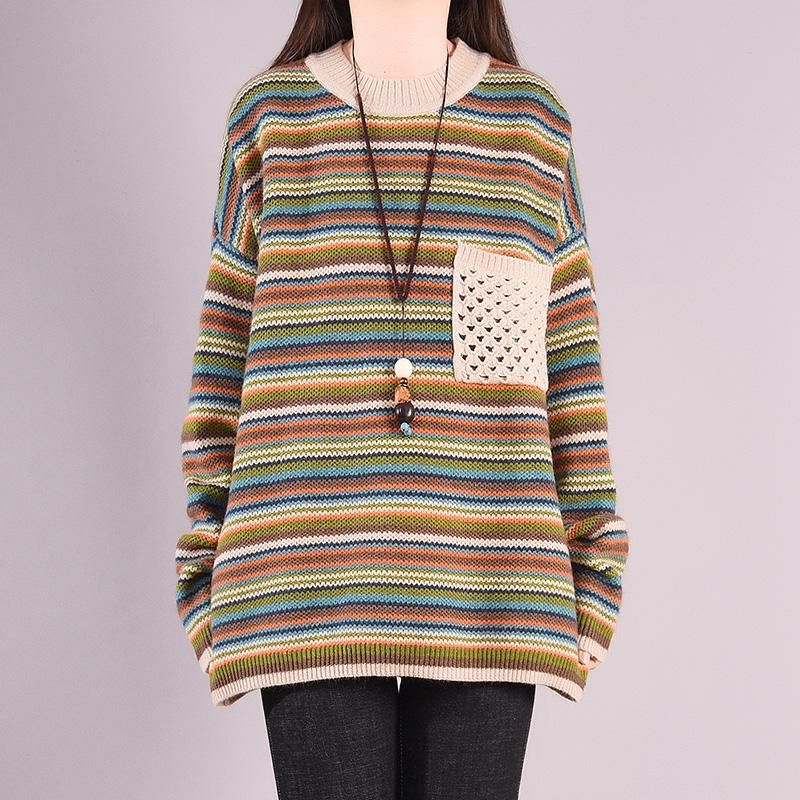 Efterår Vinter Casual Coloful Stripe Løs Strikket Sweater