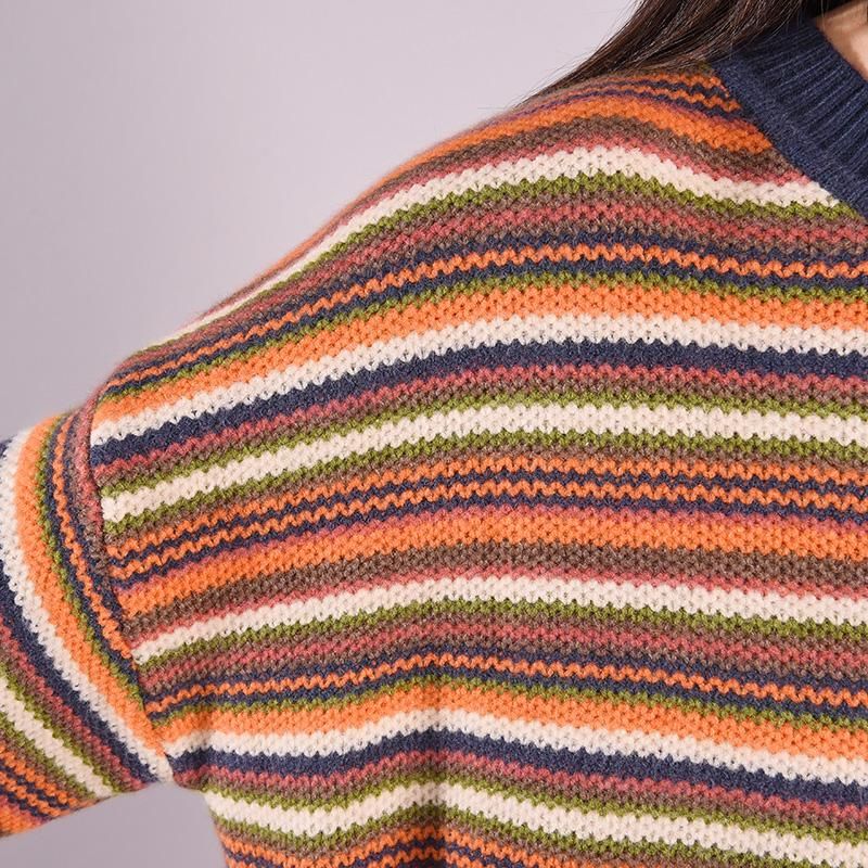 Efterår Vinter Casual Coloful Stripe Løs Strikket Sweater