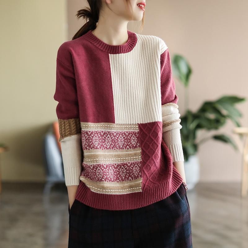 Efterår Vinter Retro Farve Matchende Løs Sweater