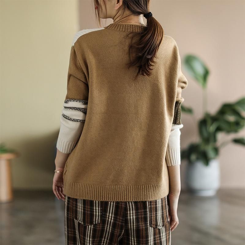 Efterår Vinter Retro Farve Matchende Løs Sweater